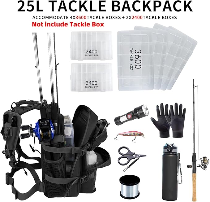 Small Tactical Fishing Tackle Backpack with Removable Plier Holder & Rod Holders Storage Fishing Gear and Equipment Tackle Bag 25l Lightweight Hiking Backpack Black without Tackle Boxes