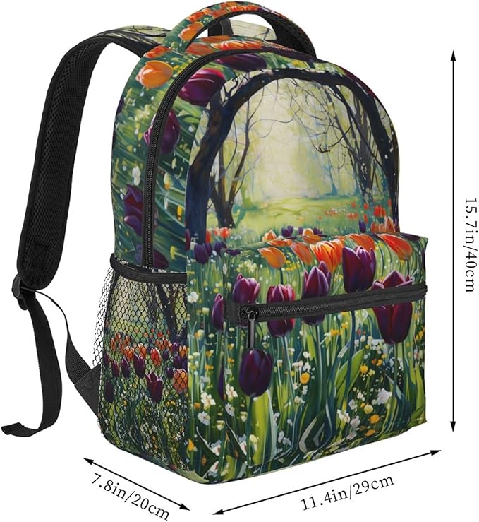 Daypack Anti-Theft Multipurpose Large Capacity Shoulder Bag, Colorful Sea Of Tulips Art Travel Hiking Camping Rucksack With Smooth Zippers