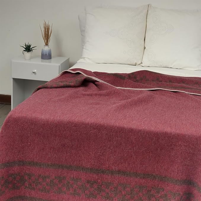 Inca Wall - Thick Alpaca Wool Blanket Heavyweight Camping Outdoors Indoors Soft Peru Twin Size New Ethnic Design (Soft Wine/Brown, Twin Size)