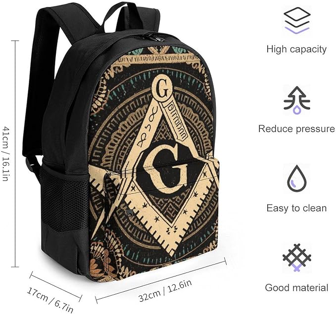Backpack Anti-Theft Multipurpose Large Capacity Carry On Bag, Gold Freemason Freemasonry Masonic Art Camping Outdoor Backpack With Side Pockets