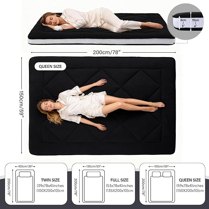 Welnow Japanese Futon Floor Mattress, Thick Full Size Tatami Mat Portable & Foldable Roll Up Floor Bed Mattress with Storage Bag, Sleeping Pad for Adults, Dorm, Guest Bed, Camping and Travel, Black