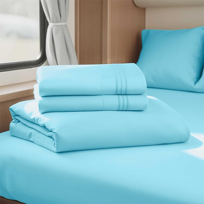 Hearth & Harbor Short Queen Sheets for RV, Bright Blue RV Queen Sheets, Silky Soft 1800 Microfiber Bed Sheet for Camper, 4 Piece RV Bedding with Pillowcases