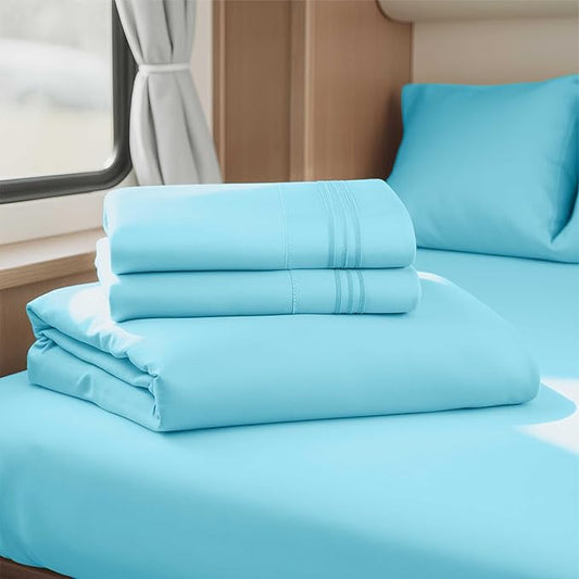 Hearth & Harbor Short Queen Sheets for RV, Bright Blue RV Queen Sheets, Silky Soft 1800 Microfiber Bed Sheet for Camper, 4 Piece RV Bedding with Pillowcases