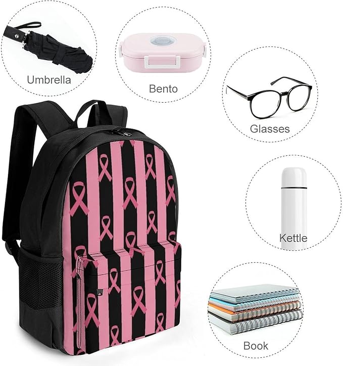 Lightweight Rucksack for Sports Travel Running, Big Capacity Multipurpose Anti-Theft Bookbag, Breast Cancer Awareness Stripes Ribbon Black Travel and Sport Backpack Rucksack