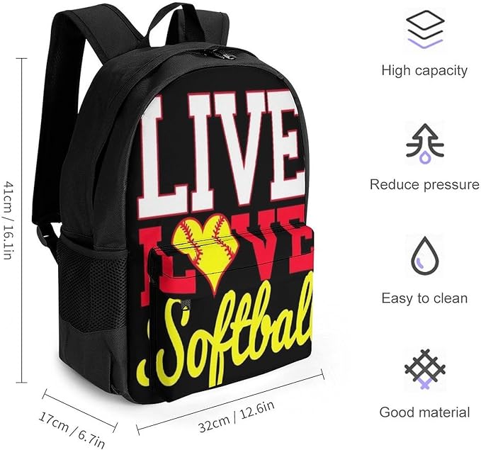 Supdreamc Lightweight Backpack for Gym Travel Bicycle, Big Capacity Multipurpose Anti-Theft Carry On Bag, I Live Love Softball Travel Hiking Bag Day Pack