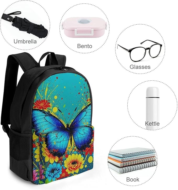 Supdreamc Women Men Polyester Colorful Watercolor Blue Butterfly Casual Daypack Large Capacity Bookbag With Side Pockets for Sports Picnic Walking Cycling