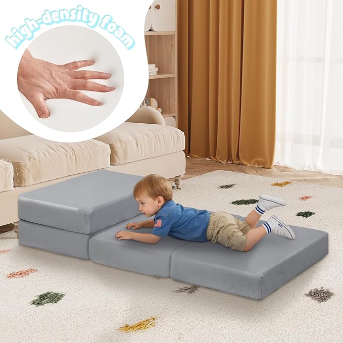 MeMoreCool Kids Folding Mattress, Trifold Mat Foldable Floor Mattress with Washable Cover and Carry Bag, Portable Foam Floor Mat for Kids, Daycare, Sleepover, Camping and Travel, Light Grey