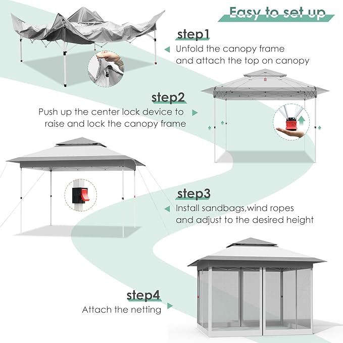 TLSUNNY 13' X 13' Pop Up Gazebo, Outdoor Canopy Tent W/4 Mesh Walls & Wheeled Bag, Screened Shelter with Netting, One-Person Set Up, Height Adjustable, for Patio, Yard, Party, Garden (Grey)