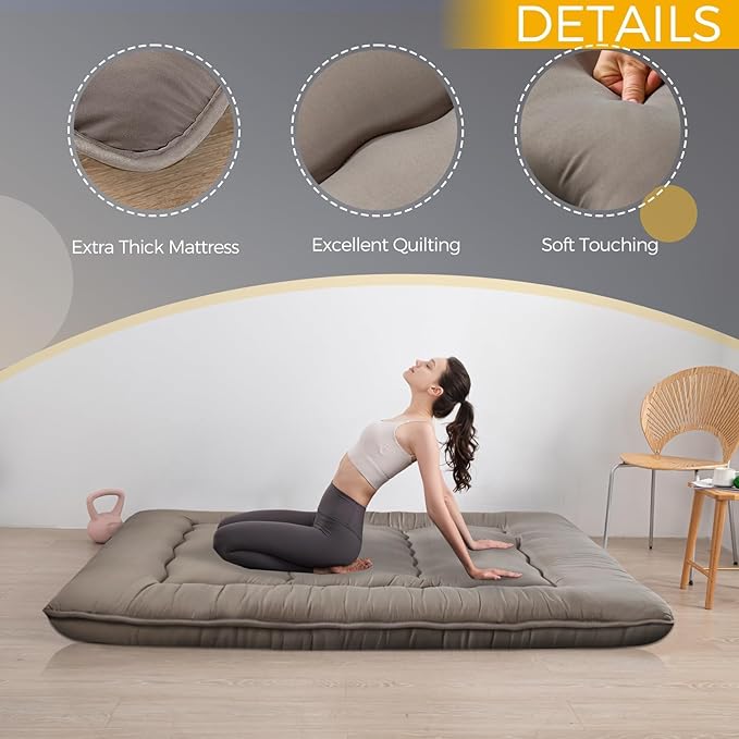MAXYOYO 6" Extra Thick Japanese Floor Mattress Futon Mattress, Foldable Tatami Pad for Adults, Roll Up Floor Bed for Guest Room Bedroom RV, Dark Grey, Full