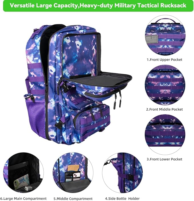 Military Tactical Backpack 55L for Men & Women Bug Out Bag Assault pack Molle Daypack Hiking Trekking Rucksack (Purple tie dye)