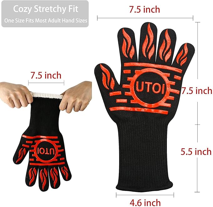 BBQ Grill Gloves Kit, 1472°F Heat Resistant BBQ Gloves, Meat Shredder Claws & Silicone Basting Brush for Grilling, Smoker, Baking, Barbecue & Outdoor Cooking