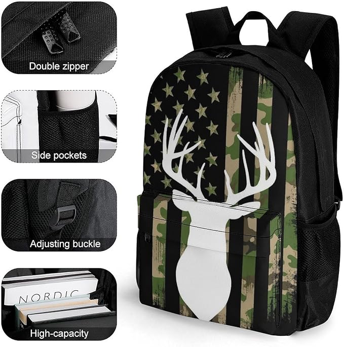 Lightweight Backpack for Gym Travel Bicycle, Big Capacity Multipurpose Anti-Theft Carry On Bag, Camouflage American Flag Hunting Deer Camo Travel Hiking Bag Day Pack