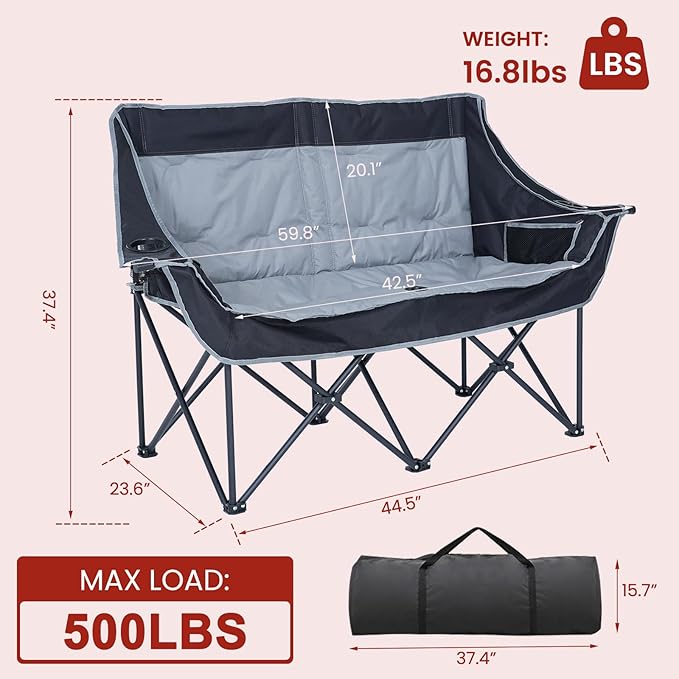 DoCred Heated Double Camping Chair, Heated Folding Camping Chairs Loveseat Outdoor Sports,Heating Oversized Loveseat Chairs for Adults,2 Person Camp Chair with 3 Heat Levels, Battery NOT Included