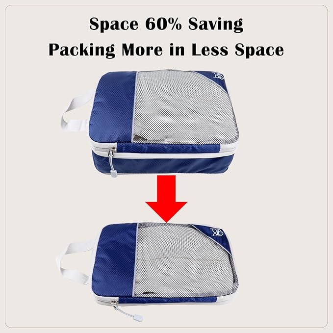 7 Set Compression Packing Cubes for Travel Women Men Kids Carry on, See-Through Mesh Packing Bags for Luggage, Expandable Travel Packing Organizers Bag for Suitcases Storage Sets (Navy Blue)