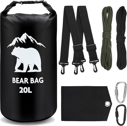 1 Set Bear Bags for Food Backpacking 20L Bear Food Bag Hanging System Bear Proof Food Storage Includes Waterproof Bear Bag, Rock Pouch, Hooks and Nylon Ropes for Camping Hiking (20L, Black)