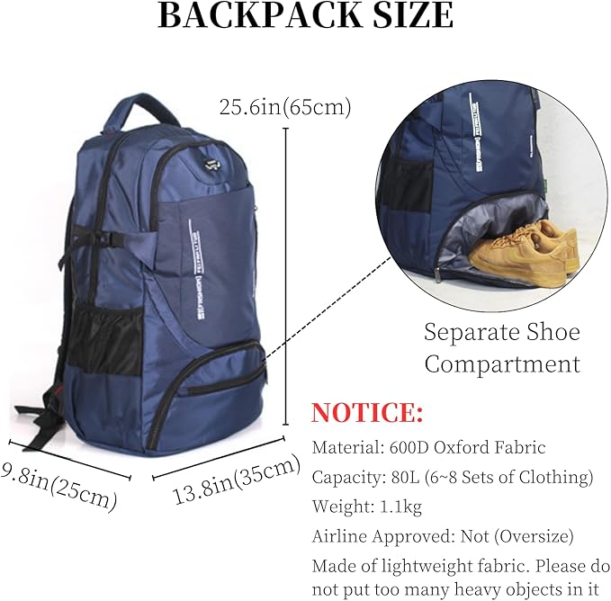 80L Large Travel Backpack for Men & Women, Lightweight Water-Resistant Hiking Backpack with Shoe Compartment, Foldable Daypack Rucksack for Travel Camping College Blue