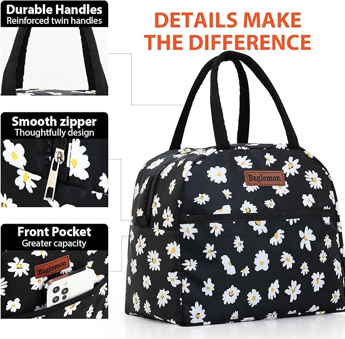 Insulated Lunch Bag for Women Men, Lunch Containers Reusable High Capacity Lunch Tote Bags for Work Picnic (Blackdaisy)