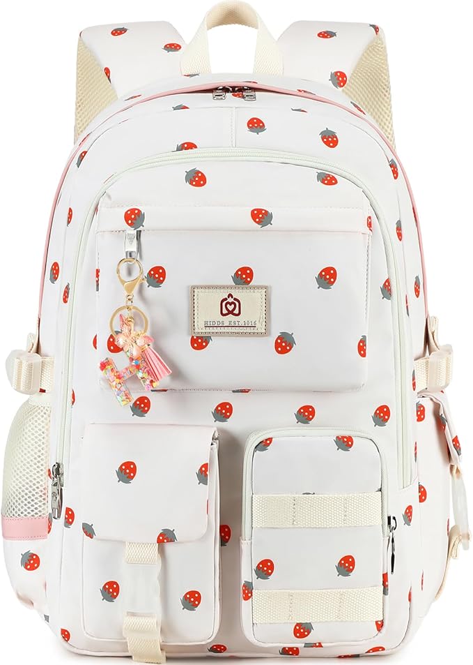 Laptop School Backpack for Teen Girls Women 15.6 Inch Cute College Backpacks Large Elementary Middle High School Bag Kids Student Strawberry Bookbag Anti Theft Travel Casual Daypack (Beige-Strawberry)