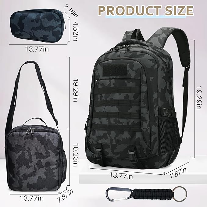 Camo Backpack for Boys 3 in 1 Set, 19 Inch 55L Tactical Bookbag with Lunch Box Pencil Case, Molle School Backpack for Kids Teens, Daily School Commute Outdoor Camping for Elementary Middle High School