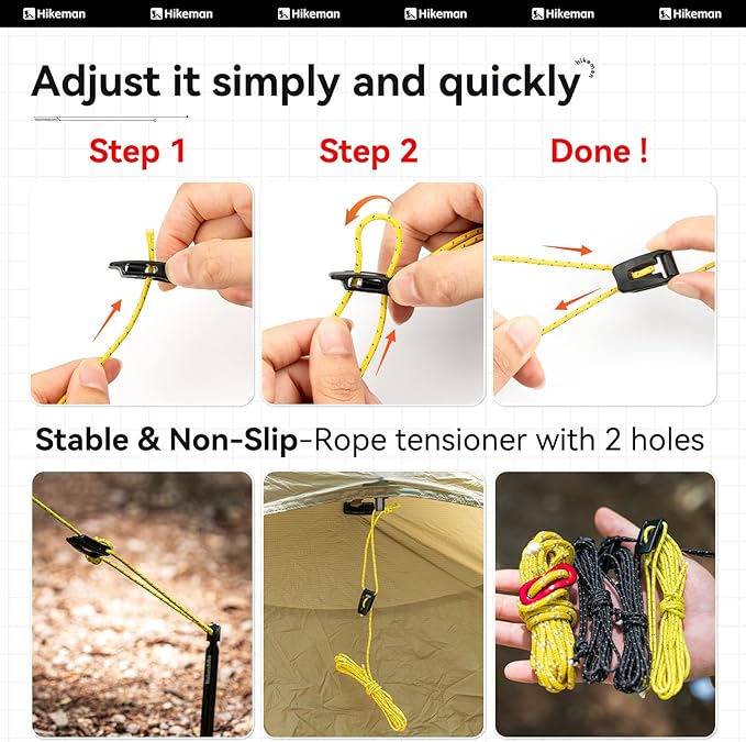 Hikeman Tent Guy Ropes 2mm-Ultralight Strong Guy Lines with Tensioner Reflective UHMWPE Fiber Tent Cord for Camping, Hiking, Backpacking Rope (Black, 65 Feet, 10 Tensioners)