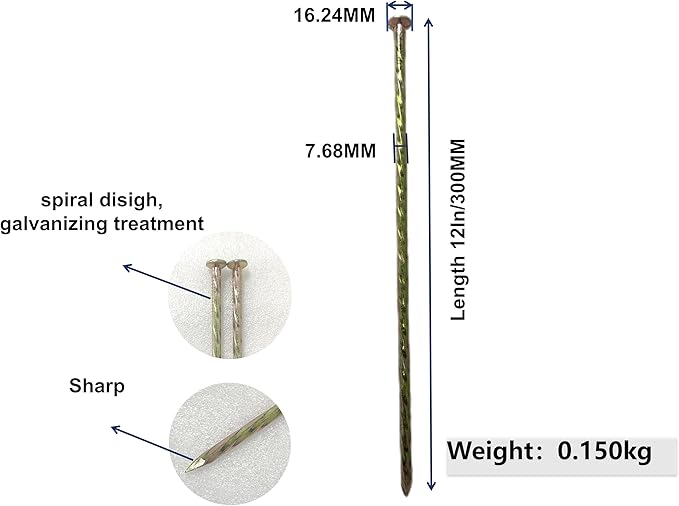 12" Metal Nails, (30 cm) Threaded Galvanized Long Pegs for Paving, Weeds, Lawn, Camping, Building, Carpenter Pegs, Tents, Anchor Pegs, Garden, Clips, 20pcs