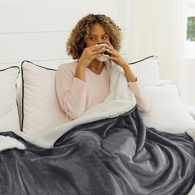 NANPIPER Sherpa Blanket for Couch, Warm and Lightweight Throw, Soft Fuzzy Plush Fleece for Winter, Castlerock Grey 50x60 Inches