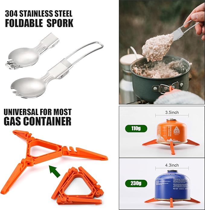 Odoland 8pcs Camping Cookware Mess Kit, Camping Pot and Pan Set with Mini Backpacking Stove, Stainless Steel Cup, Spork and Tank Bracket, Cooking Gear for Outdoor, Hiking, Picnic, Campfire