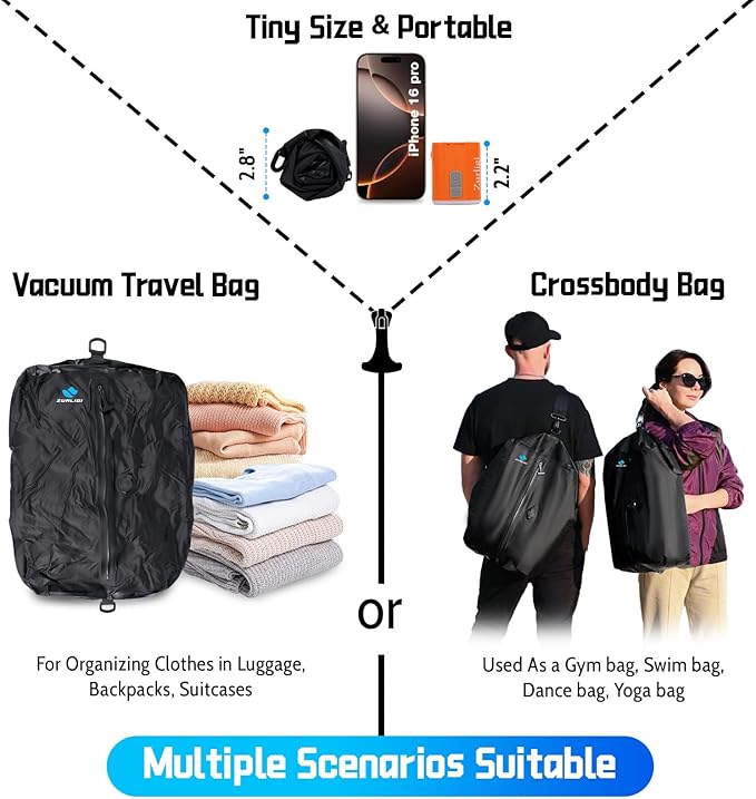 Zurligi Travel Vacuum Bags with Shoulder Strap & Mini Pump – IPX8 Waterproof Vacuum Seal Reusable 39L Carry-On Compression Bags for Clothes, Suitcase & Luggage(1-Pack, Black)