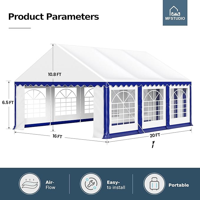 MFSTUDIO 16'x20' Party Tent, Outdoor Heavy Duty Party Tents with Removable Sidewalls, Large Canopy Tent Shelter for Outdoor Events Wedding Birthday, Blue