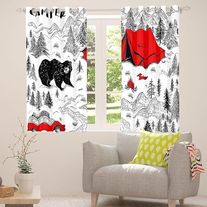 Feelyou Camper Camping Blackout Curtains Rustic Farmhouse Animal Bear Darkening Drapes for Bedroom Living Room Decor Camping Thermal Insulated Shades Window Treatments, 2 Panels 52 x 84 Inch