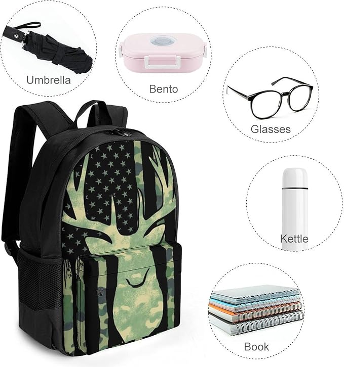 Polyester Daypack Bookbag for Gym Business Bicycle, Large Capacity Multipurpose Anti-Theft Carry On Bag, Camouflage American Flag Hunting Deer Camo Travel Hiking Daypack