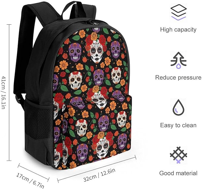 Supdreamc Polyester Daypack Bookbag for Gym Business Bicycle, Large Capacity Multipurpose Anti-Theft Carry On Bag, Day Of Dead Halloween Sugar Skulls Roses Travel Hiking Daypack