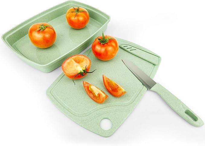 CARTINTS 5 In1 Camping Cutting Board For Kitchen Plastic Cutting Board Set with Bottle Opener, Peeler, Kitchen Knife, Serving Tray, Cutting Board, Dishwasher Safe Green