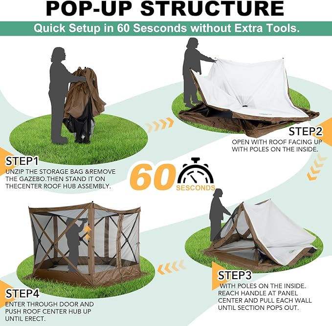 COBIZI 10x10 FT Pop up Gazebo, Popup Canopy Tent,Instant Screened in Gazebos, Waterproof Portable Outdoor Small Screen Tents Sun Shelter,carpas para Patio for Camping, Garden and Backyard,Brown