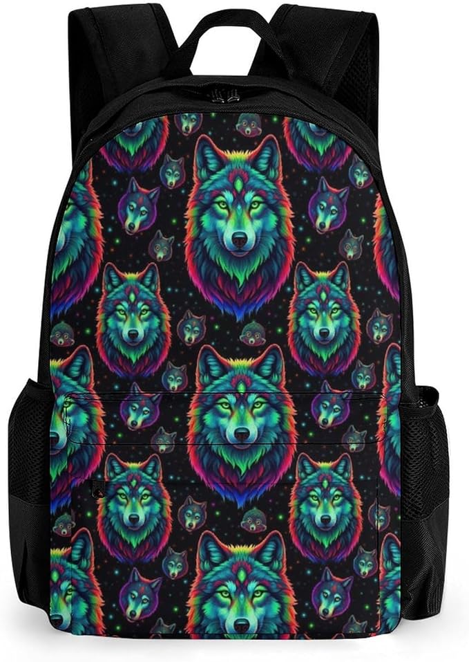 Polyester Daypack Bookbag for Gym Business Bicycle, Large Capacity Multipurpose Anti-Theft Carry On Bag, Colorful Fire Flame Wolf Travel Hiking Daypack