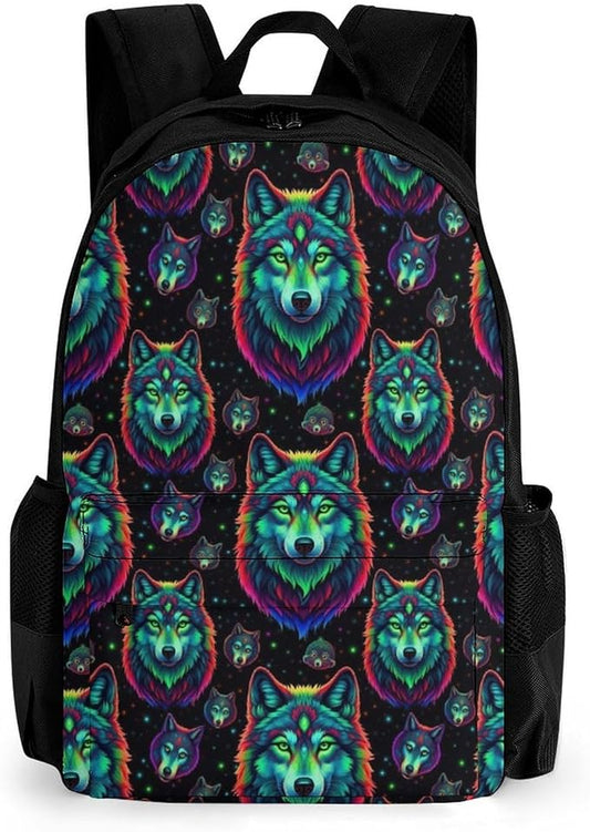 Polyester Daypack Bookbag for Gym Business Bicycle, Large Capacity Multipurpose Anti-Theft Carry On Bag, Colorful Fire Flame Wolf Travel Hiking Daypack