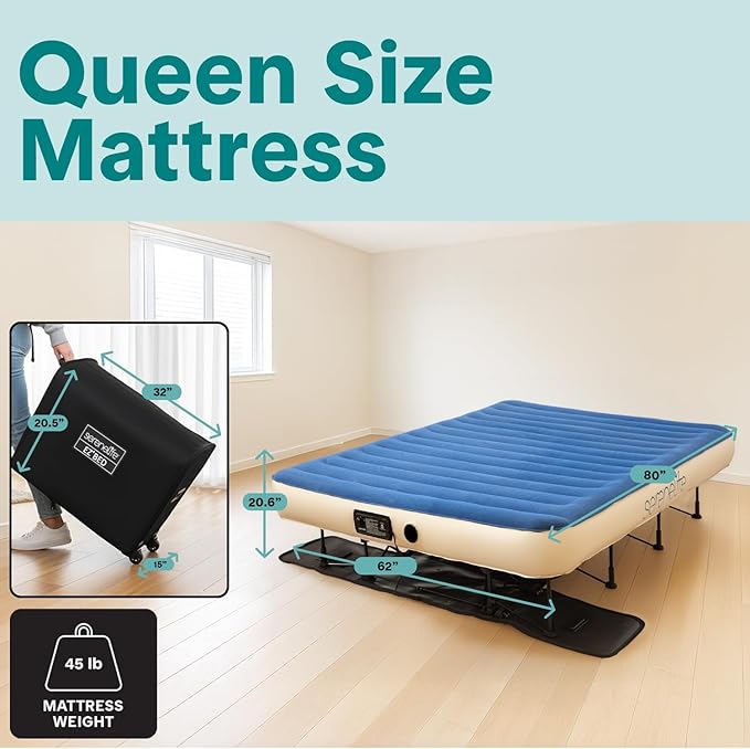 SereneLife (Queen) EZ Bed Air Mattress with Frame and Rolling Case - 3 Min Self Inflating Air Bed with Upgraded U-Coil Mattress and Premium Soft Flocked Top, Wall Plug AC Powered Inflate and Deflate