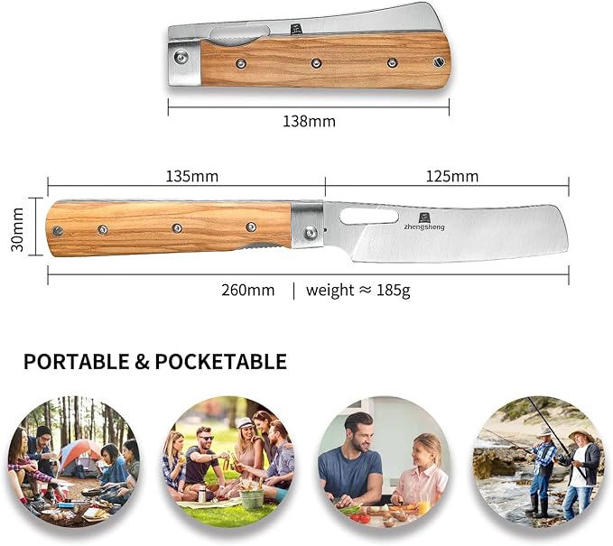 Folding Chef Knife with Nylon Pouch 4.8” Ultra Sharp 440A Stainless Steel Blade Natural Olive Handle Pocket Foldable Japanese Style Kitchen Knife for Outdoor Camping BBQ trip Cooking.