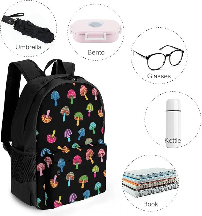 Lightweight Daypack Backpack for Trekking Work Running, Big Capacity Multipurpose Anti-Theft Bookbag, Trippy Magic Goth Mushrooms Business Computer Bag