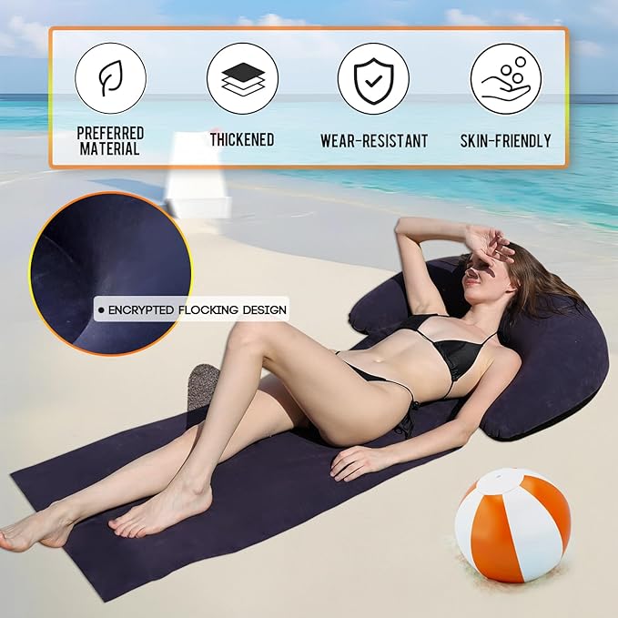 Inflatable Beach Mat Lounge Chair, Outdoor Sunbathing Sleeping Pad with Inflatable Pillow, Portable Flocking Beach Lounge Chair, Suitable for Lawn, Outdoor Camping, Travel, Beach Vacation (Navy)