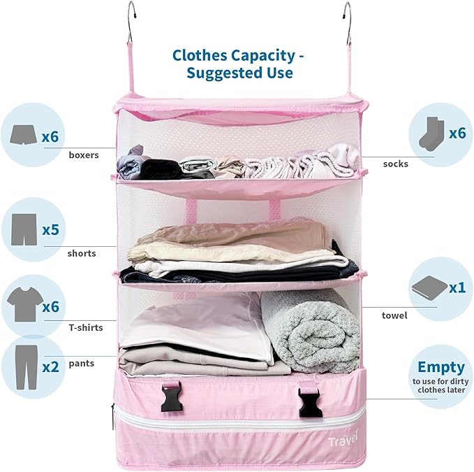Grand Fusion Stow-N-Go Packing Organizer for Luggage, Portable Hanging Travel Shelves, Carry-On Closet, Hanging Packing Cubes, Collapsible Carry-On Organizer for Cruises & Hotels Pink - XL