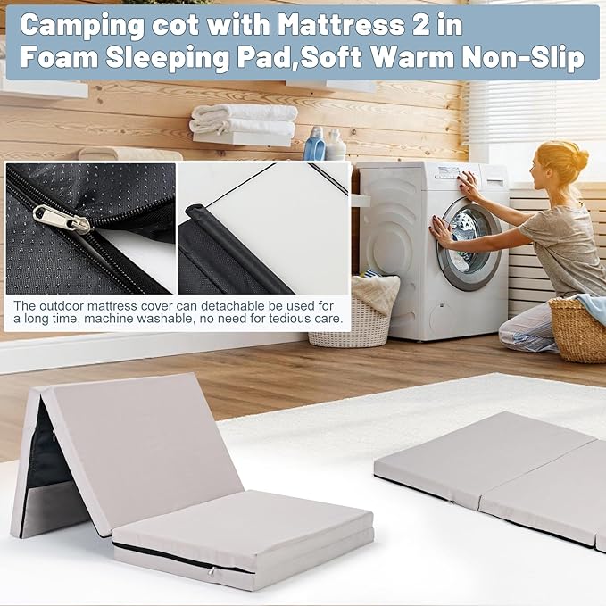 Slsy Camping Cot with 2" Memory Foam Mattress, Upgraded Padded Folding Cot Bed with Carry Bag, Portable Sleeping Cot for Camping, Travel, Beach & Hiking