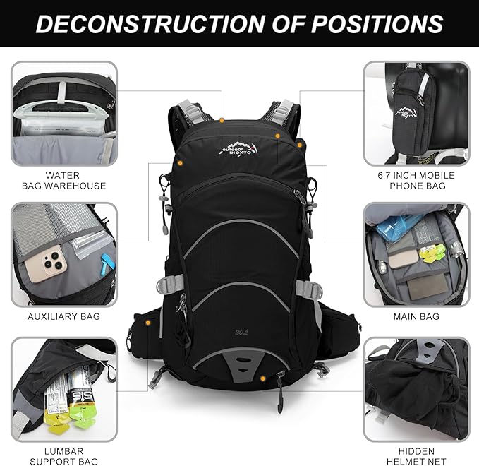 IX INOXTO 20L Hydration Backpack, Waterproof Hiking Internal Frame Backpacks with 2L Hydration Water Bladder and Rain Cover for Men, Lightweight Travel Daypack for Cycling,Camping,Ski (black)