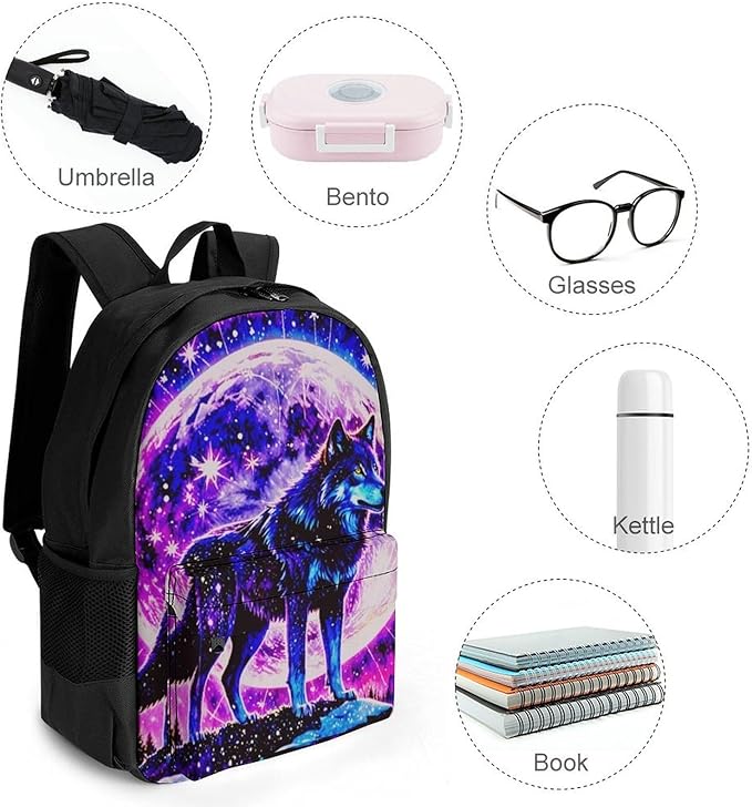 Supdreamc Backpack Anti-Theft Multipurpose Large Capacity Carry On Bag, Neon Sky Moon Wolf Camping Outdoor Backpack With Side Pockets