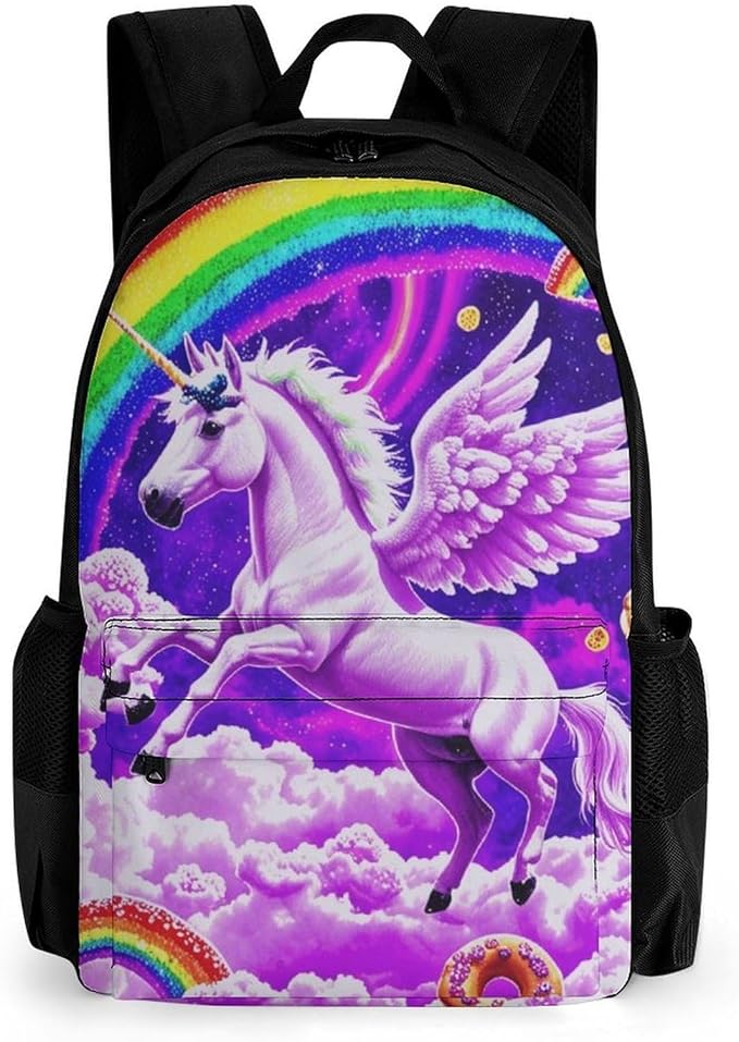 Supdreamc Men Women Polyester Rainbow Unicorn Random Space Galaxy Donuts Daypack Big Capacity Shoulder Bag With Smooth Zippers for Hiking Work Walking Cycling