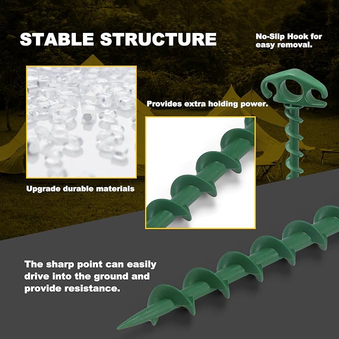 Tent Stakes Ground Anchors Screw in, 16 Pack Sand Stakes for Beach 9.4 Inch Heavy Duty Spiral Tent Pegs for Camping, Party, Hiking, Outdoor Decoration (16, Green)