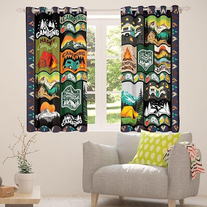 jejeloiu Happy Camping Curtains for Bedroom Living Room RV Camping Blackout Darkening Drapes Campfire Window Treatments, 2 Panels 52 x 84 Inch Patchwork Room Decor