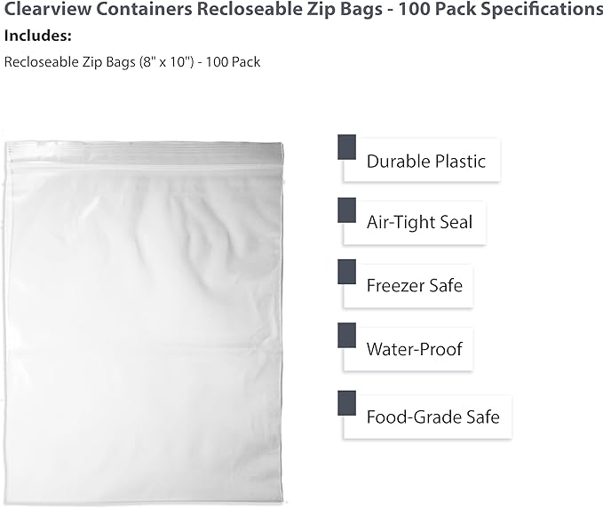 100-Pack 8" x 10" Reclosable Zip Bags – Durable & Convenient Storage Solution