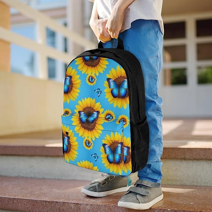 Sports Gym Outdoor Backpack Blue Monarch Butterfly Sunflower College Bookbag with Large Capacity Rucksack for Men Women