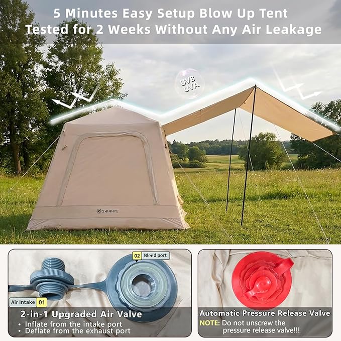 Inflatable Tent for Camping, Blow Up Waterproof Oxford Cabin Tents with Hand Pump, Easy Setup 4 Season Air Tent, Luxury Outdoor Glamping Windproof Tents 2-4 Person